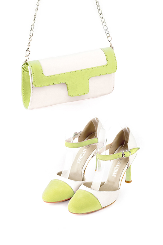Women's pistachio green and off white elegant closed-back heels, with an instep strap. Round toe. High slim heel - Worn view
